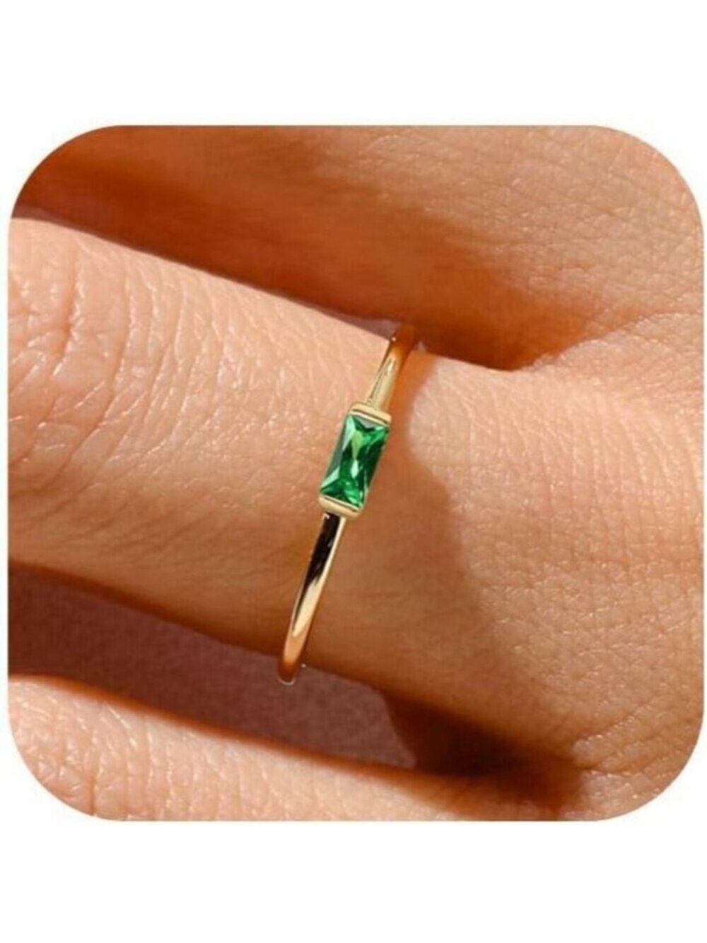 Women Green/gold Non Tarnish Dainty 14k Gold Plated Baguette Emerald Stone Ring